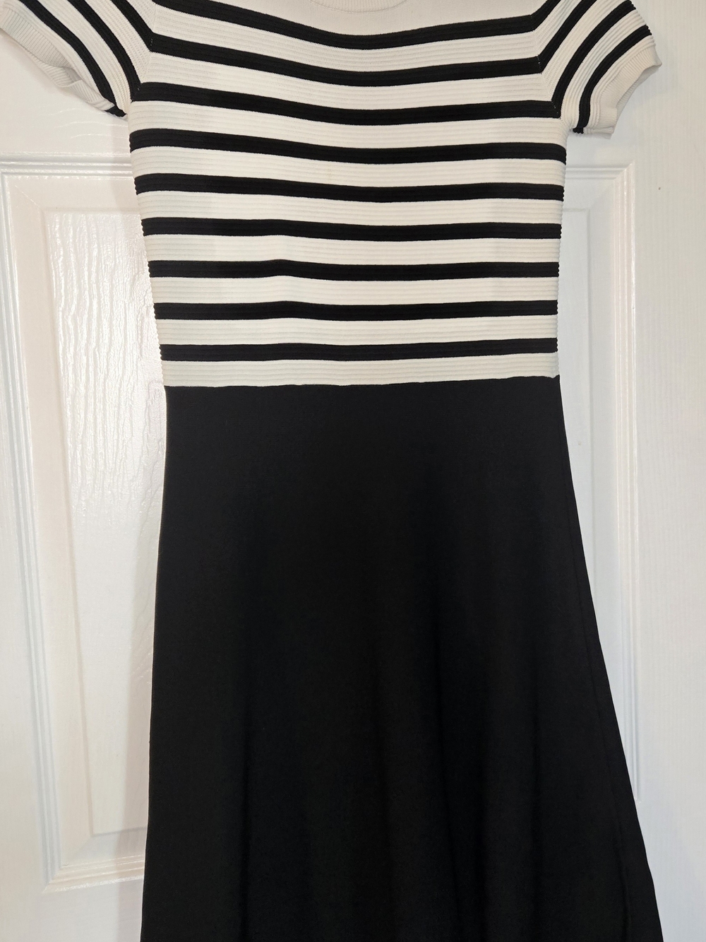 Talbots Black and White Striped Bodice Fit-and-Flare Dress